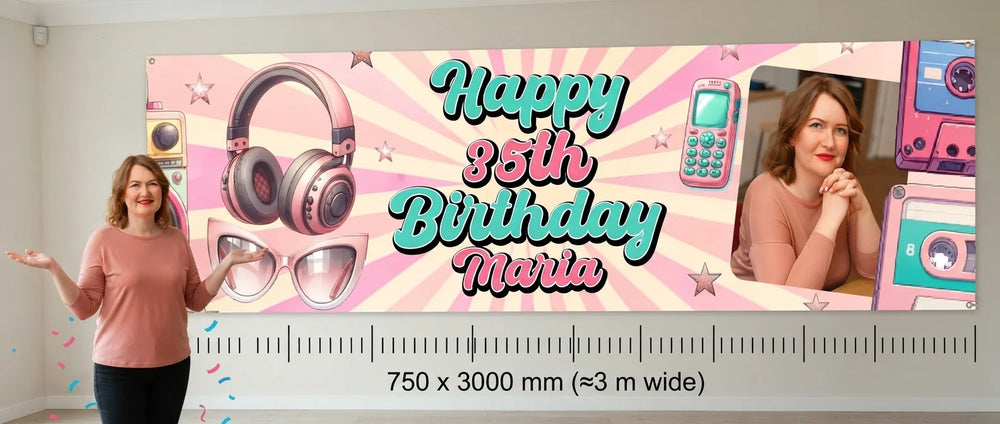 Person standing beside the Pink Retro Birthday Theme Party Banner for scale, with size guide showing 750 x 3000 mm