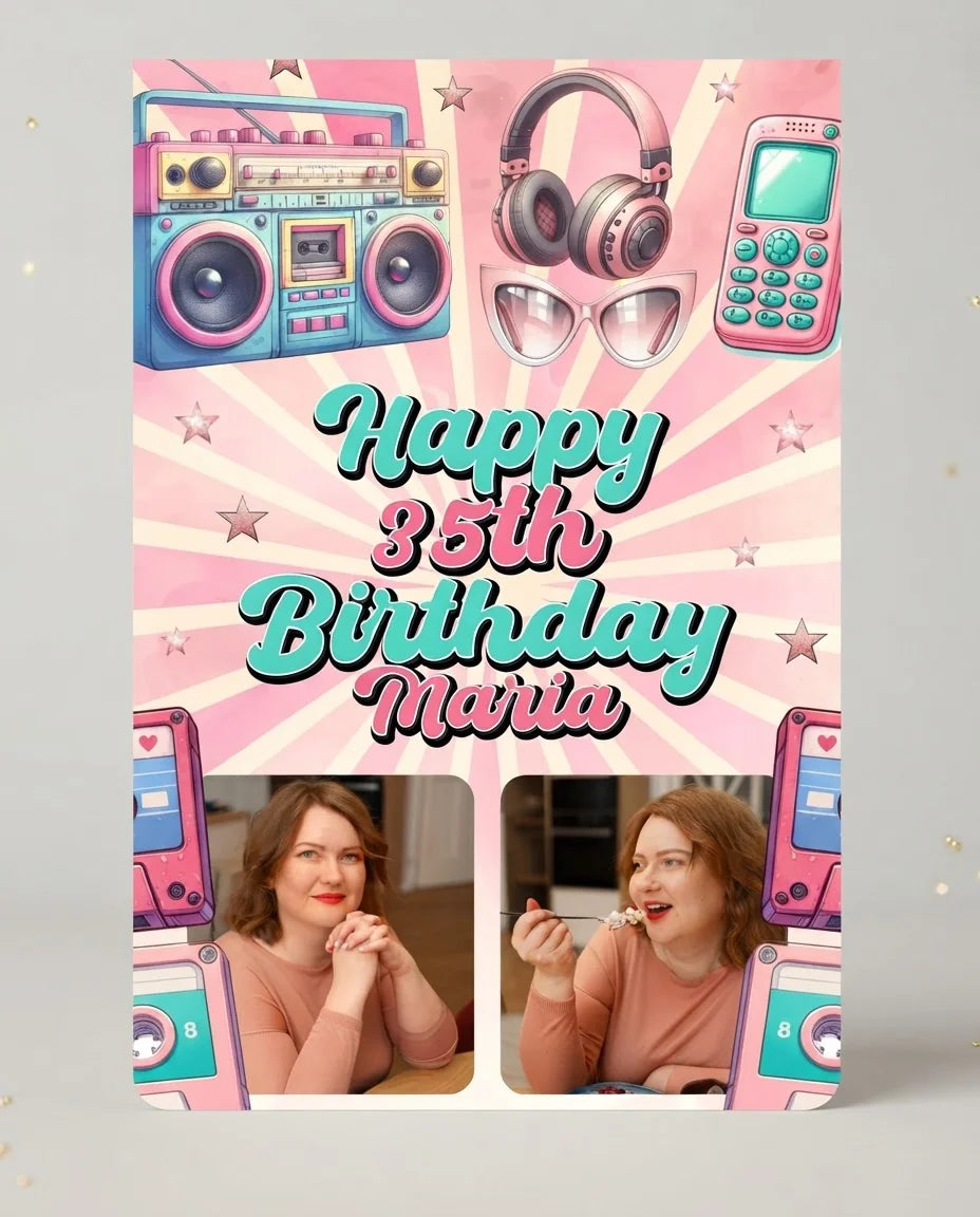 Personalised Pink Retro Birthday Theme Party Mega Card displayed against a plain studio background