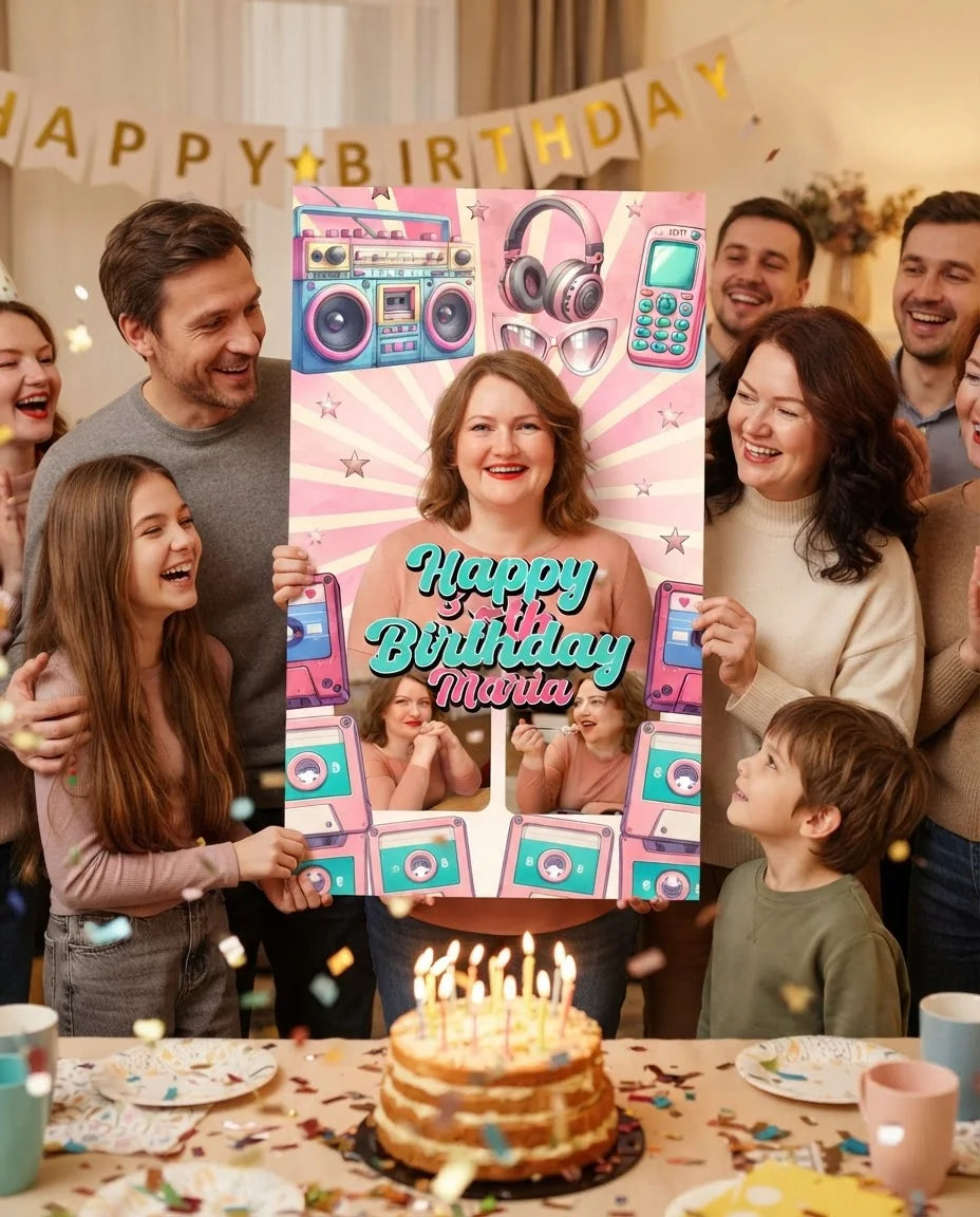 Friends and family celebrating with the personalised Pink Retro Birthday Theme Party Mega Card