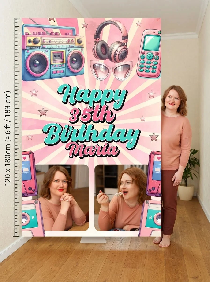Person standing beside the Pink Retro Birthday Theme Party Mega Card for scale in a size guide