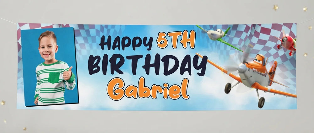 Personalised Planes Birthday Banner displayed against a plain studio background