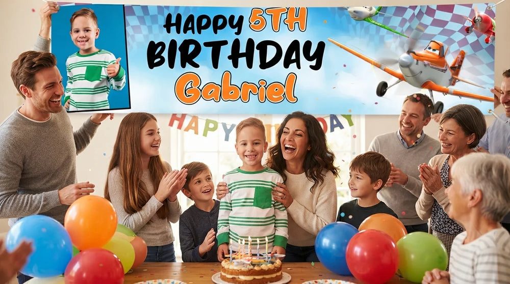 Friends and family celebrating with the personalised Planes Birthday Banner