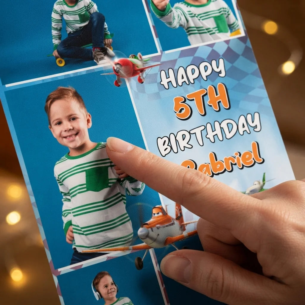Close-up of the personalised name and photo printed on the Planes Mega Card