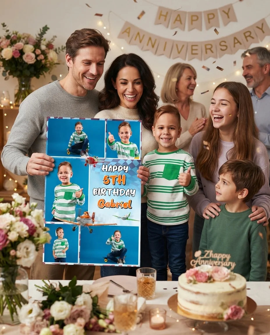 Friends and family celebrating with the personalised Planes Mega Card