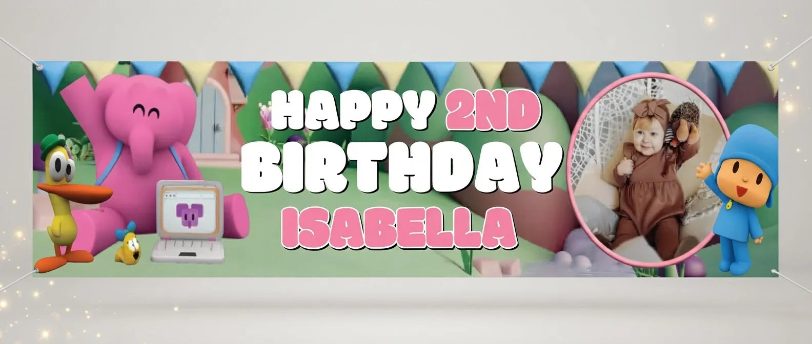 Personalised Pocoyo Birthday Banner displayed against a plain studio background