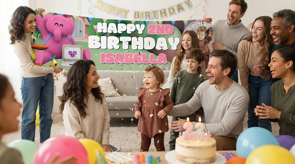 Friends and family celebrating with the personalised Pocoyo Birthday Banner