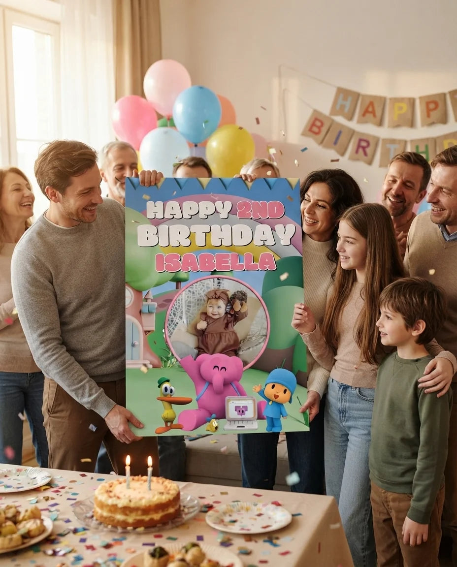 Friends and family celebrating with the personalised Pocoyo Mega Card