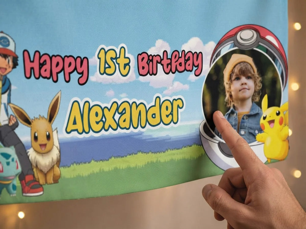 Close-up of the personalised name and photo printed on the Pokemon Birthday Banner