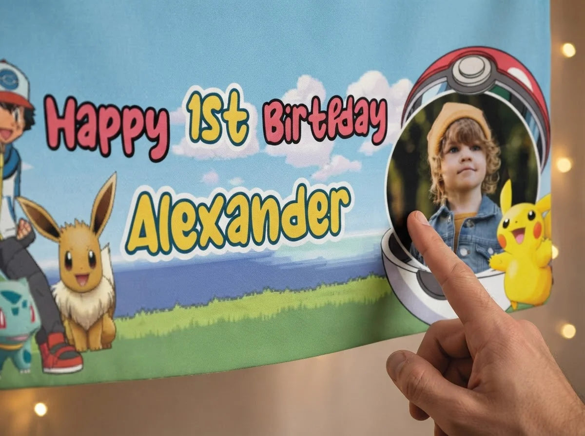 Close-up of the personalised name and photo printed on the Pokemon Birthday Banner