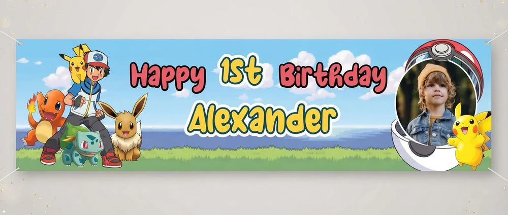 Personalised Pokemon Birthday Banner displayed against a plain studio background