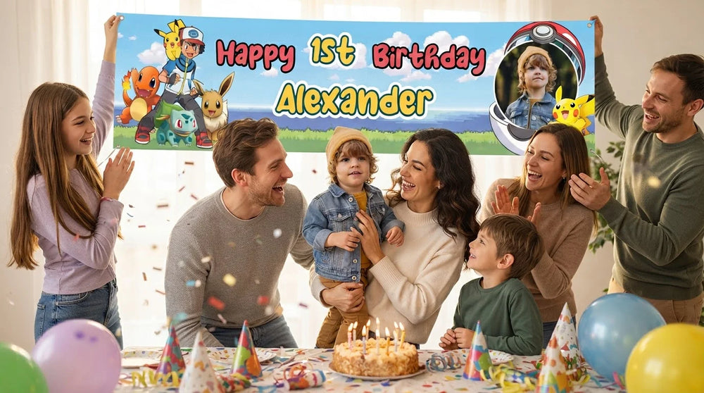 Friends and family celebrating with the personalised Pokemon Birthday Banner