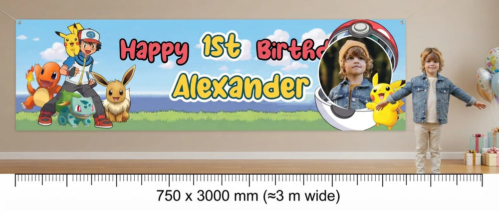 Person standing beside the Pokemon Birthday Banner for scale, with size guide showing 750 x 3000 mm