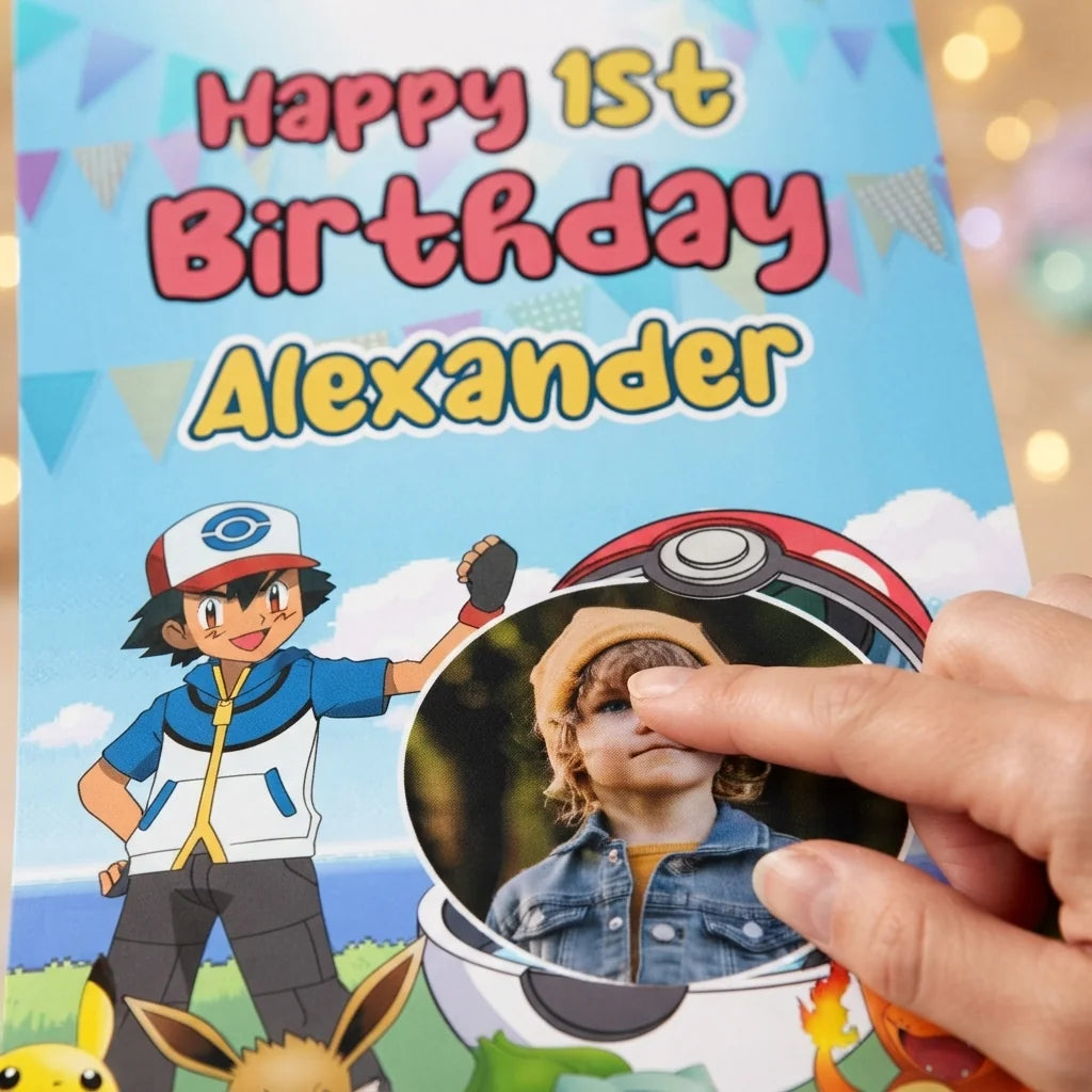 Close-up of the personalised name and photo printed on the Pokemon Mega Card