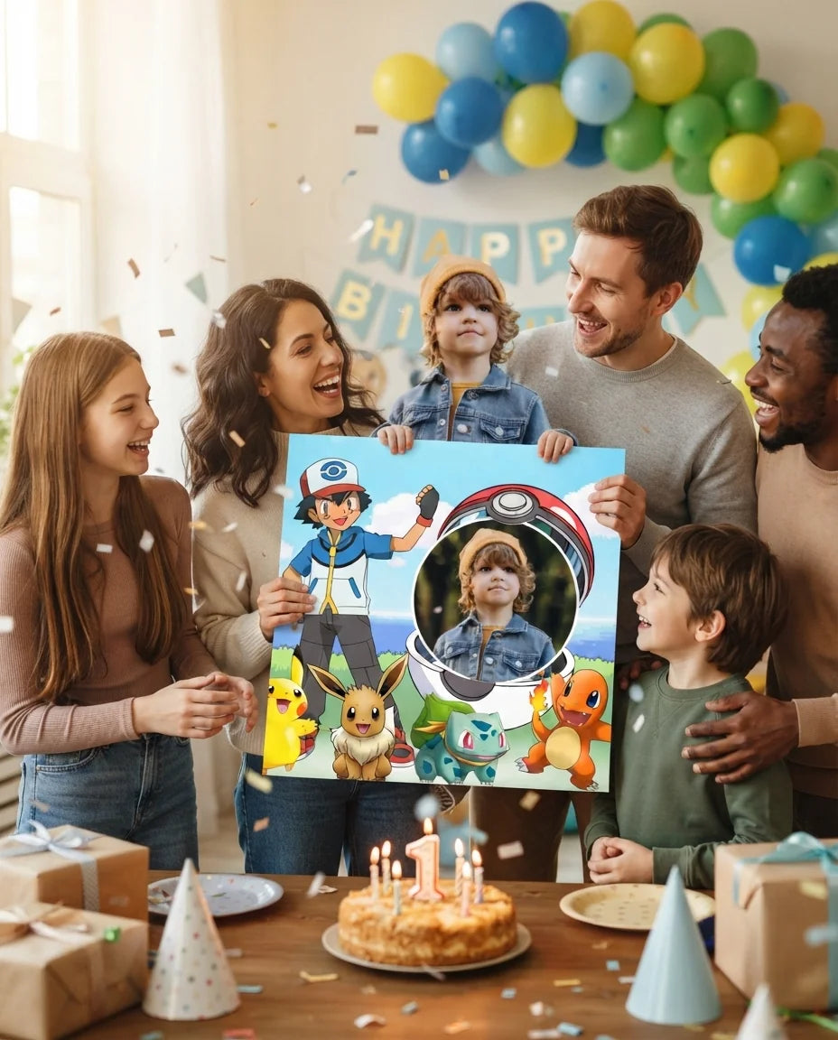 Friends and family celebrating with the personalised Pokemon Mega Card