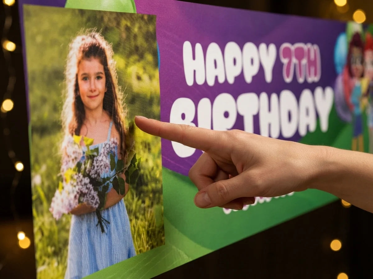 Close-up of the personalised name and photo printed on the Polly Pocket Birthday Banner