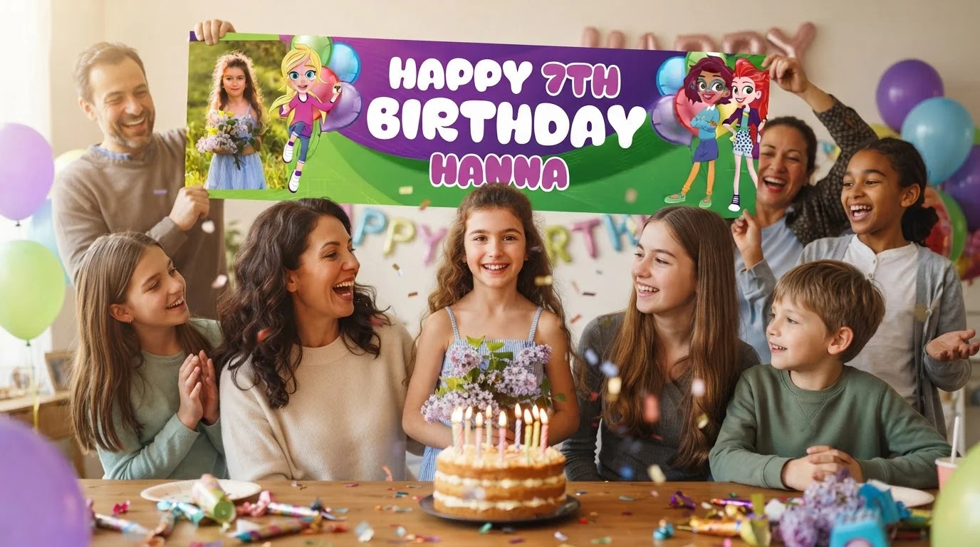 Friends and family celebrating with the personalised Polly Pocket Birthday Banner