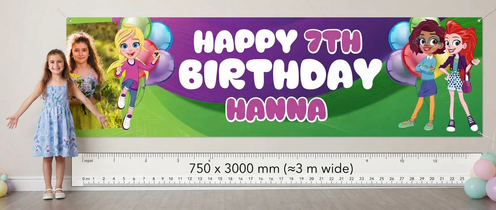 Person standing beside the Polly Pocket Birthday Banner for scale, with size guide showing 750 x 3000 mm
