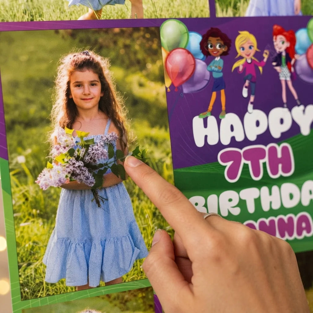 Close-up of the personalised name and photo printed on the Polly Pocket Mega Card