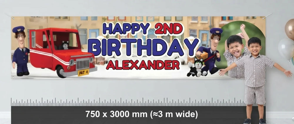Person standing beside the Postman Pat Birthday Banner for scale, with size guide showing 750 x 3000 mm