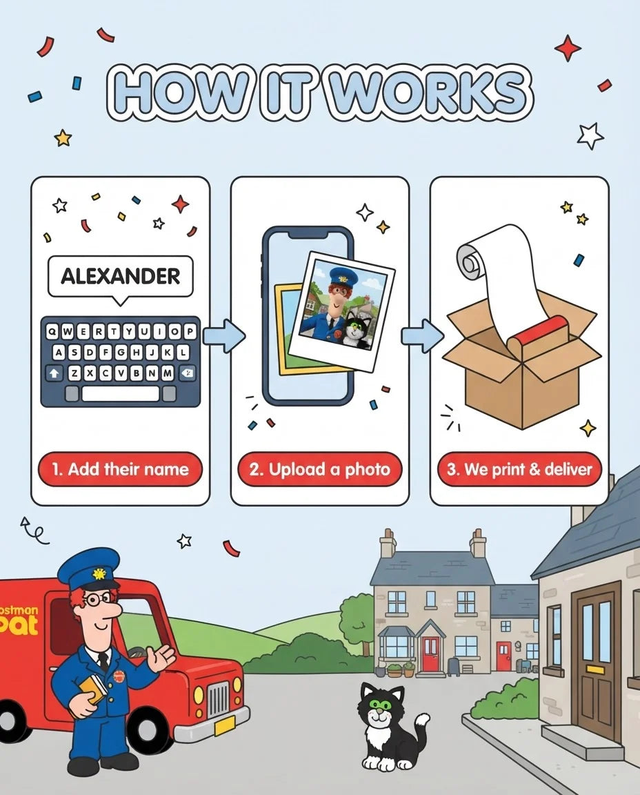 How it works: add a name, upload a photo, and we print and deliver the Postman Pat Mega Card