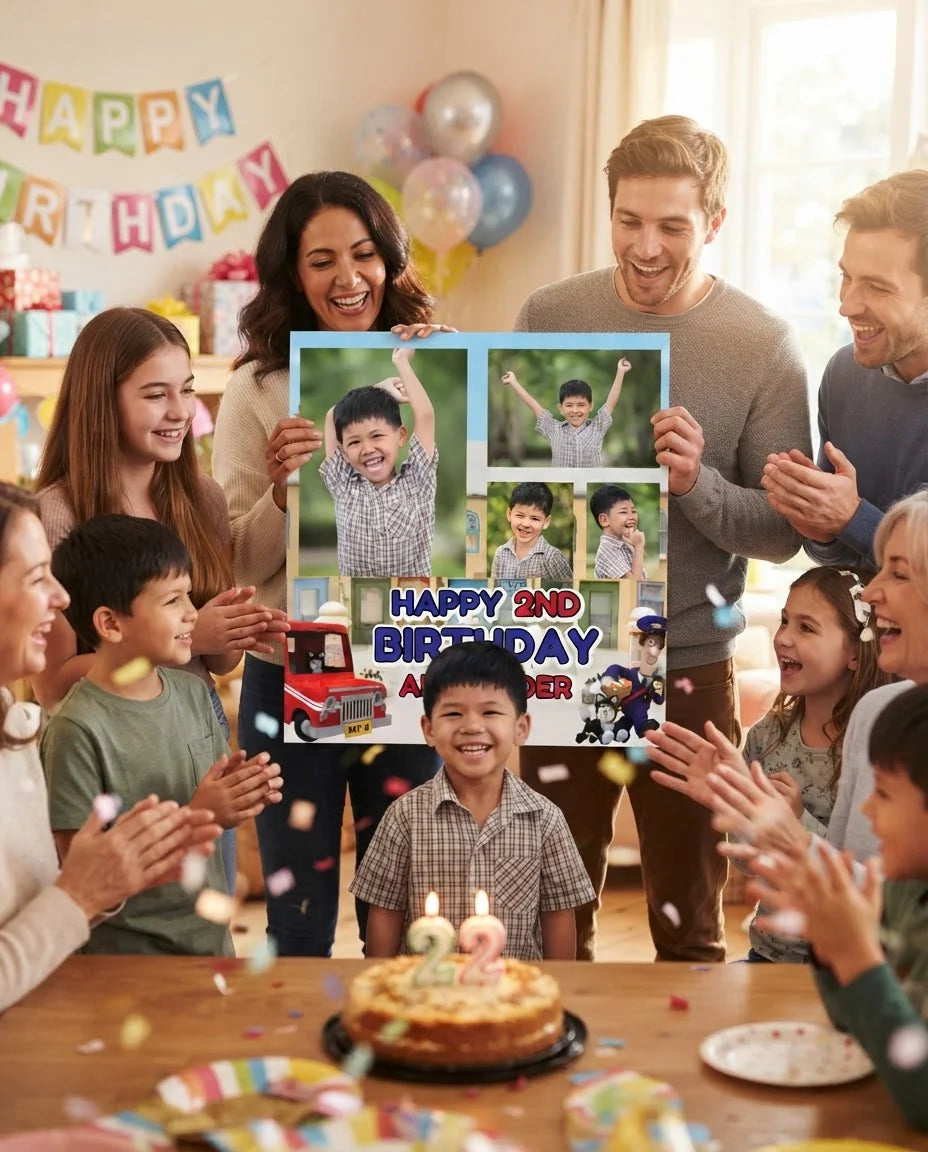 Friends and family celebrating with the personalised Postman Pat Mega Card
