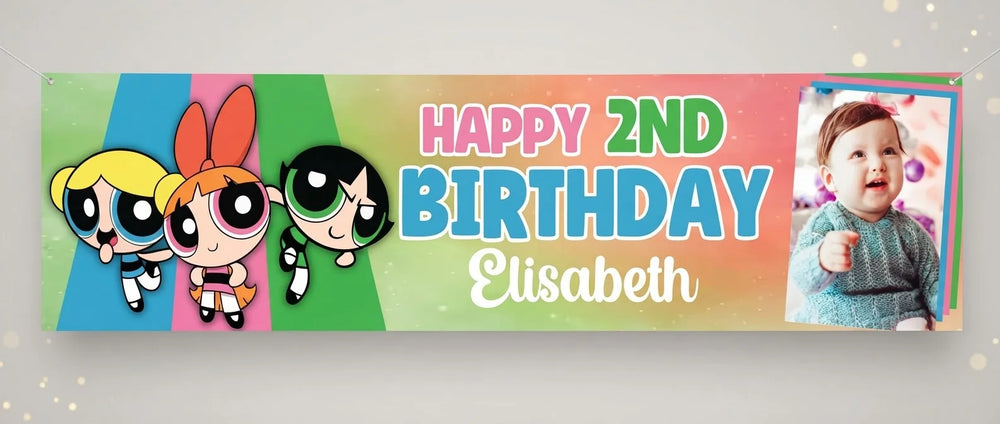 Personalised Powerpuff Girls Birthday Banner displayed against a plain studio background
