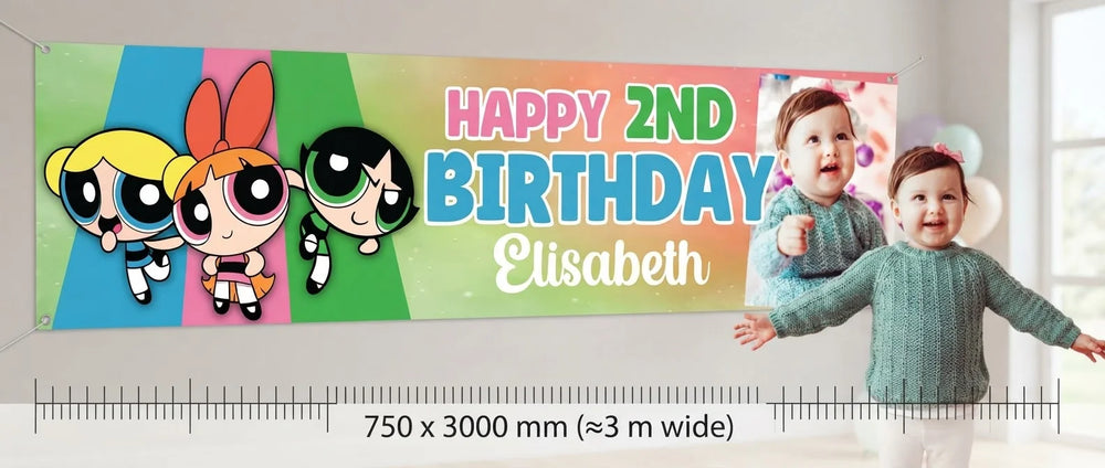 Person standing beside the Powerpuff Girls Birthday Banner for scale, with size guide showing 750 x 3000 mm