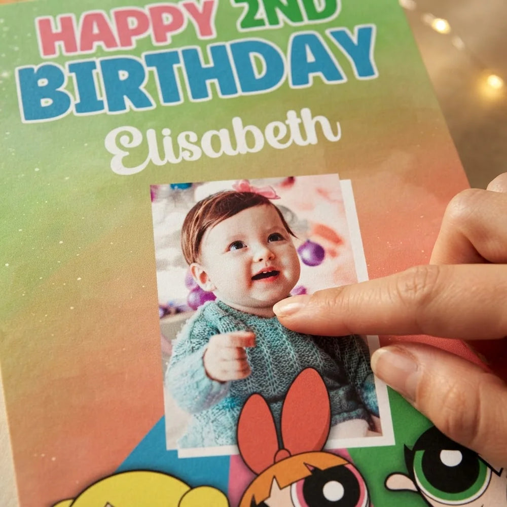 Close-up of the personalised name and photo printed on the Powerpuff Girls Mega Card