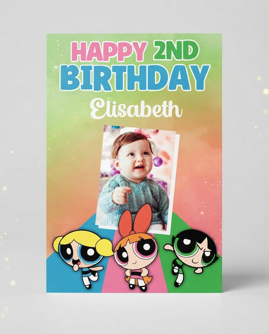 Personalised Powerpuff Girls Mega Card displayed against a plain studio background