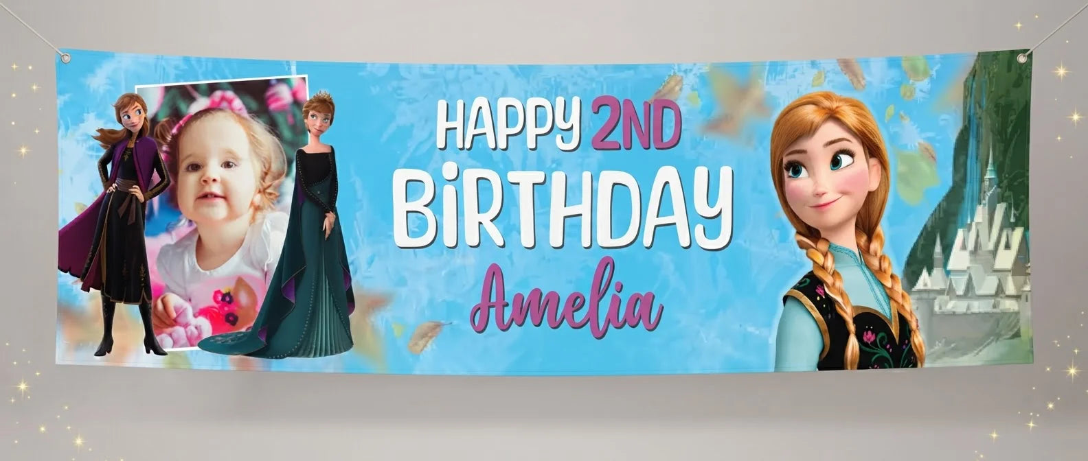 Personalised Princess Anna Birthday Banner displayed against a plain studio background