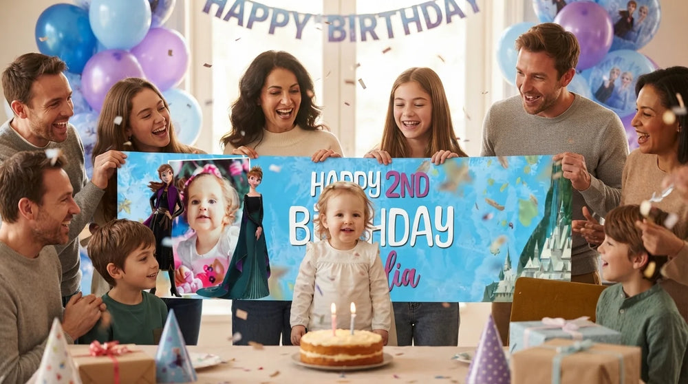 Friends and family celebrating with the personalised Princess Anna Birthday Banner