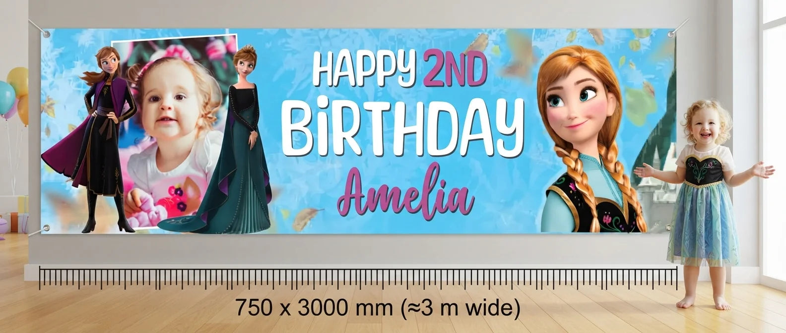 Person standing beside the Princess Anna Birthday Banner for scale, with size guide showing 750 x 3000 mm
