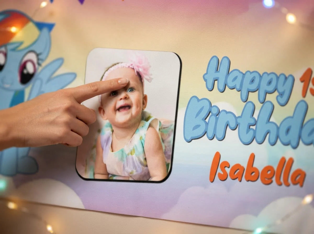 Close-up of the personalised name and photo printed on the Rainbow Dash Birthday Banner