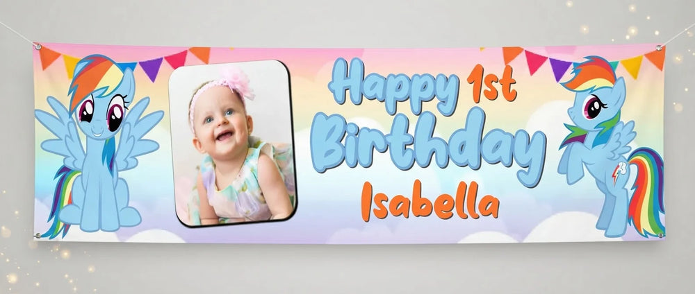 Personalised Rainbow Dash Birthday Banner displayed against a plain studio background
