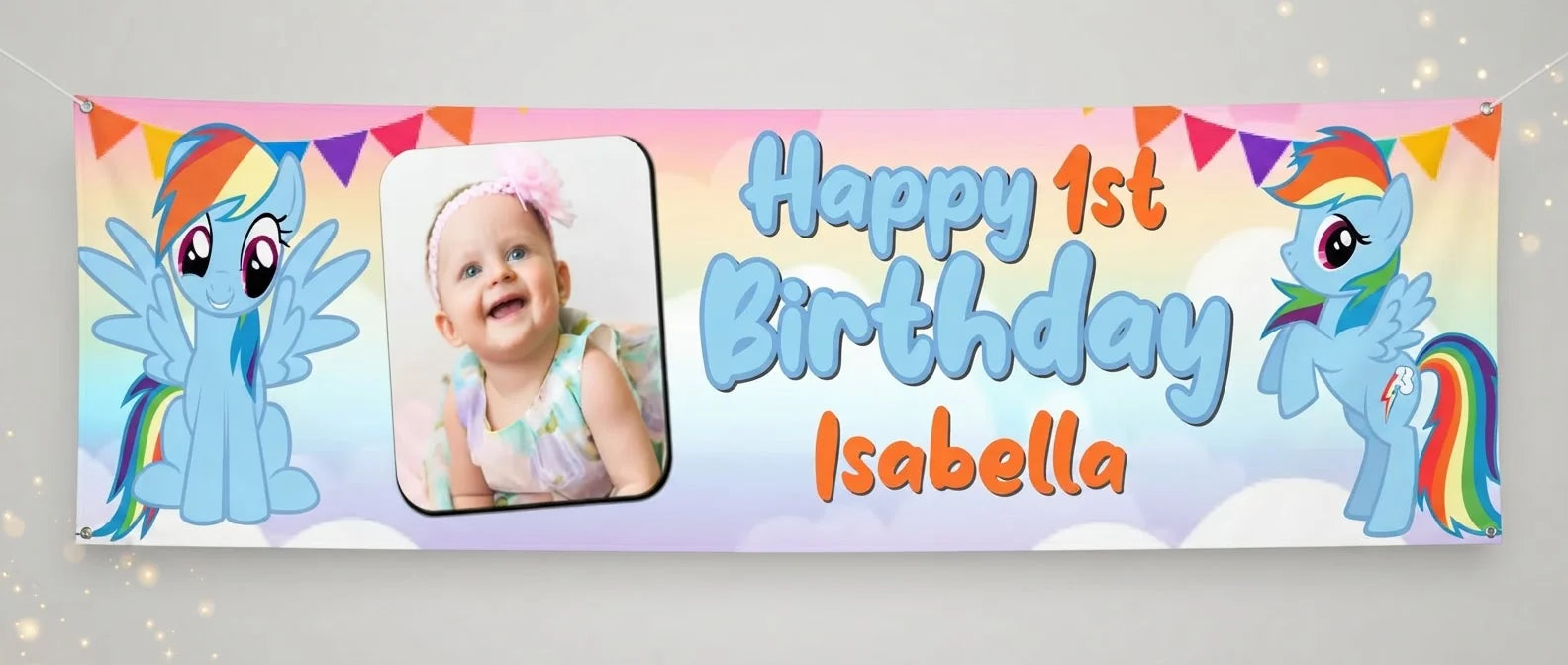 Personalised Rainbow Dash Birthday Banner displayed against a plain studio background