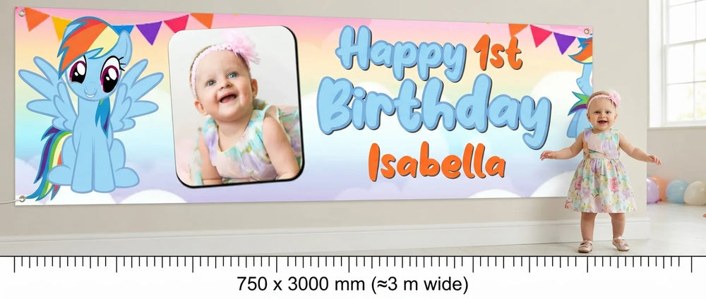 Person standing beside the Rainbow Dash Birthday Banner for scale, with size guide showing 750 x 3000 mm