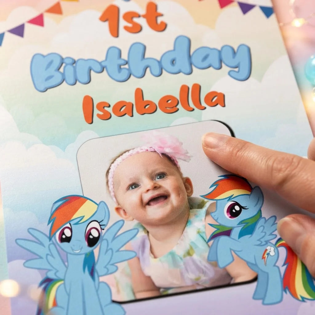 Close-up of the personalised name and photo printed on the Rainbow Dash Mega Card