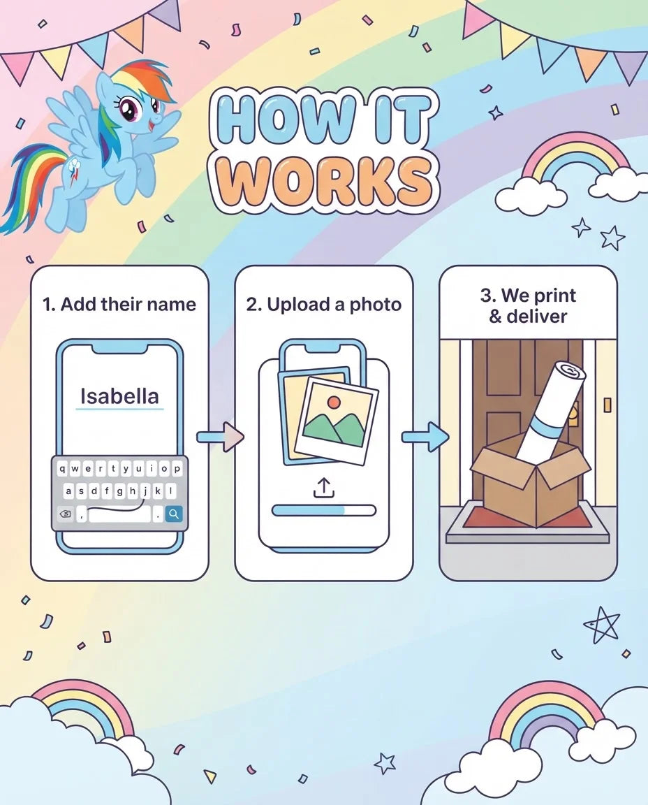 How it works: add a name, upload a photo, and we print and deliver the Rainbow Dash Mega Card