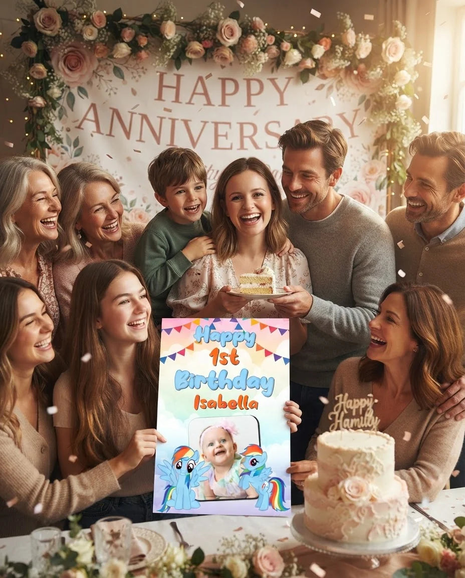 Friends and family celebrating with the personalised Rainbow Dash Mega Card