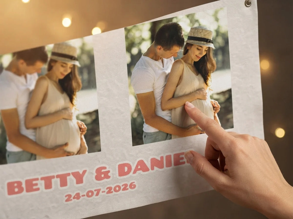 Close-up of the personalised name and photo printed on the Ready to Pop Baby Shower Party Banner