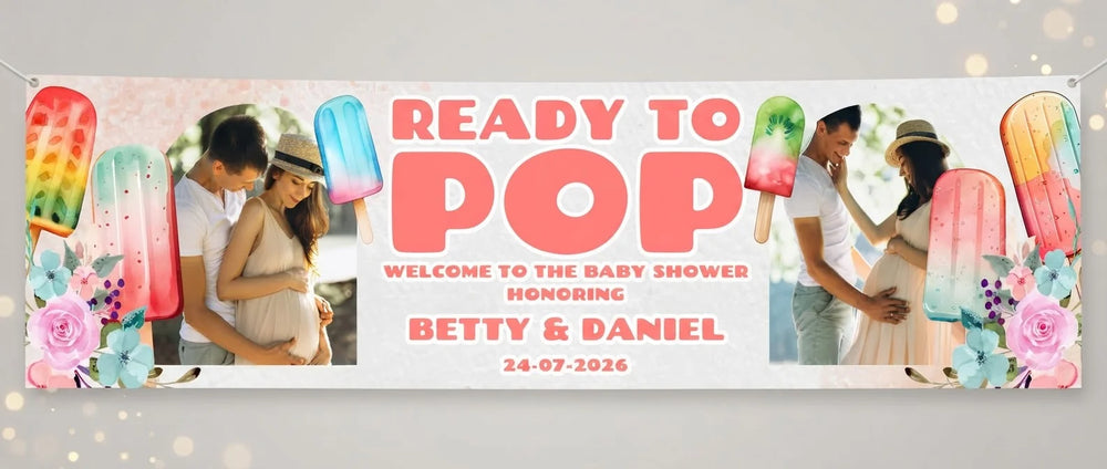 Personalised Ready to Pop Baby Shower Party Banner displayed against a plain studio background