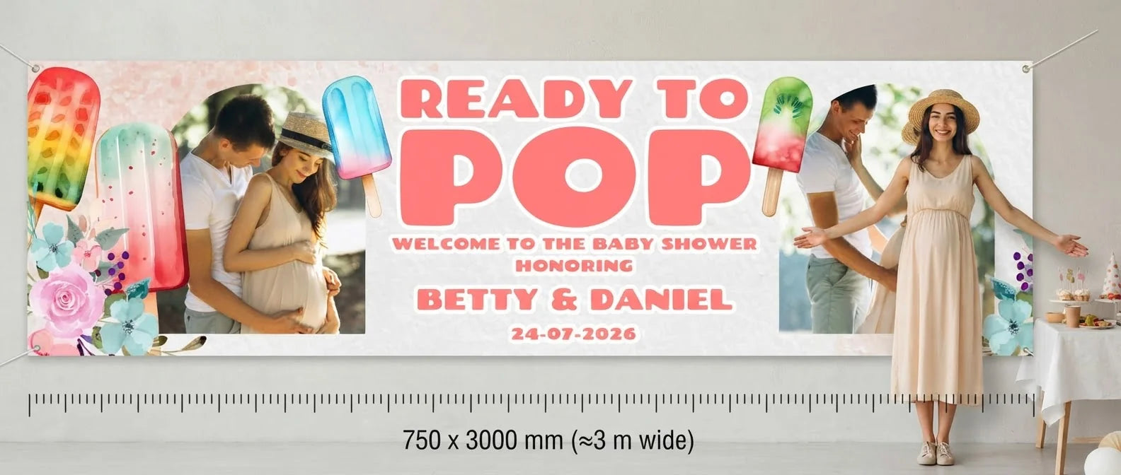 Person standing beside the Ready to Pop Baby Shower Party Banner for scale, with size guide showing 750 x 3000 mm