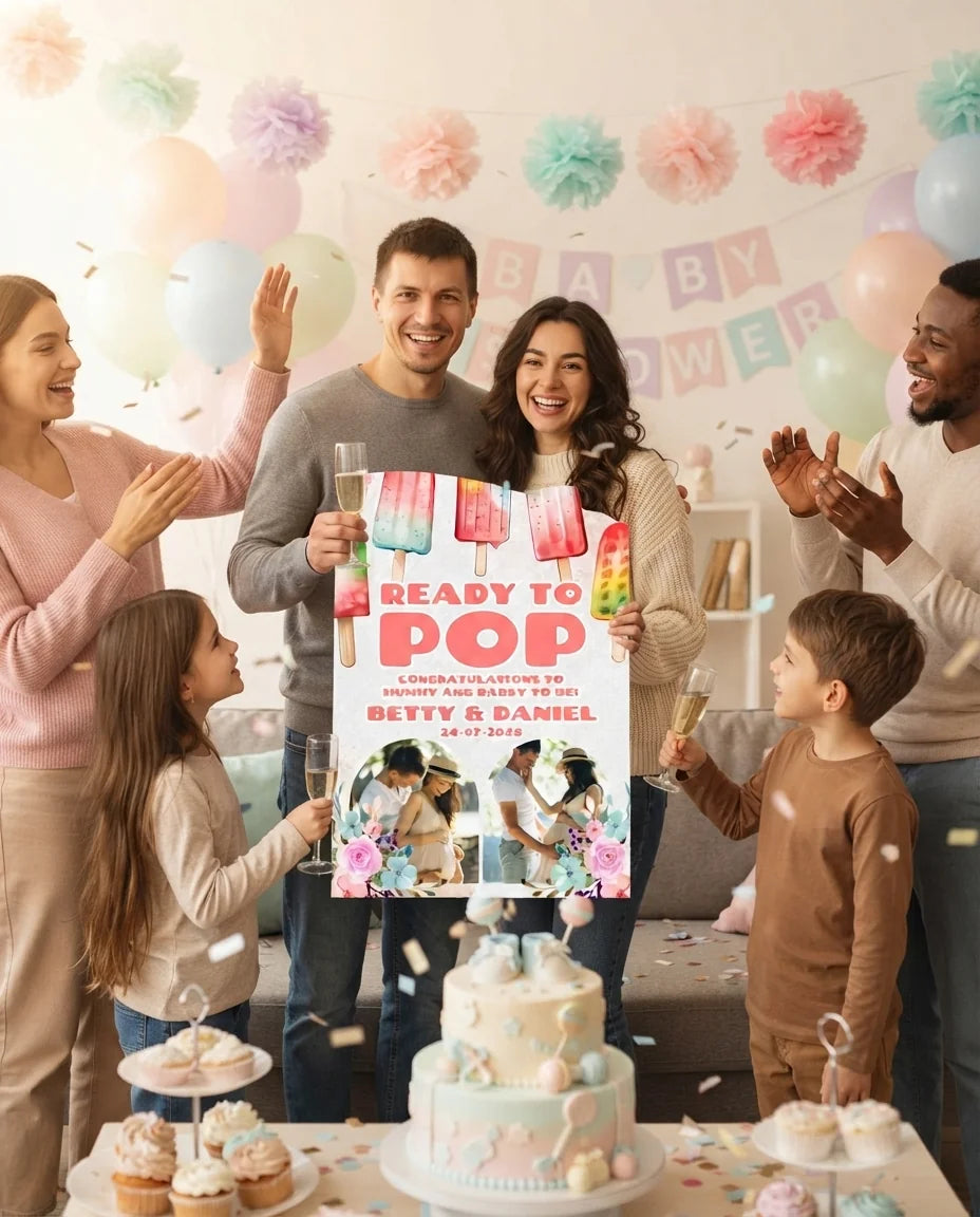Friends and family celebrating with the personalised Ready to Pop Baby Shower Party Mega Card