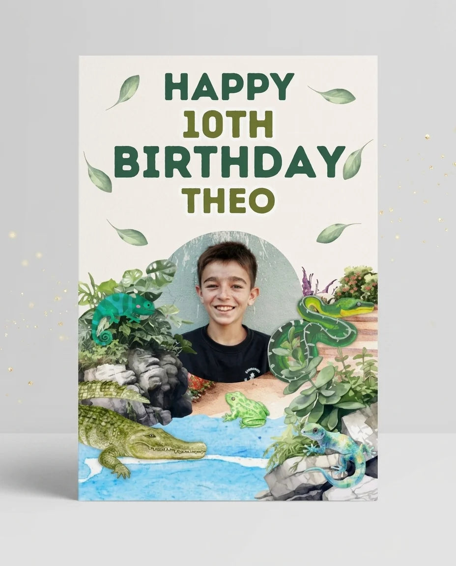 Personalised Reptiles Birthday Party Mega Card displayed against a plain studio background