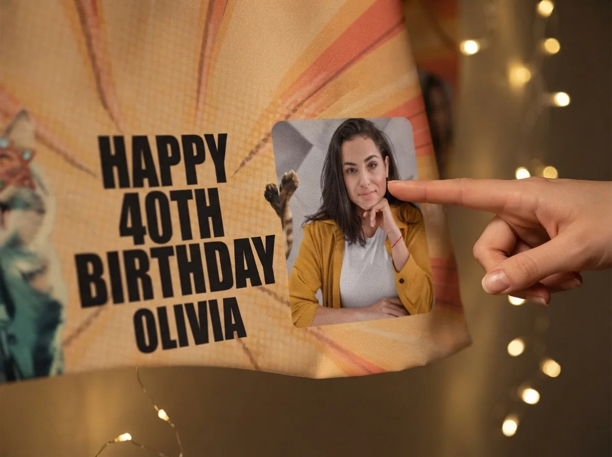 Close-up of the personalised name and photo printed on the Retro Cat Disco Birthday Party Banner
