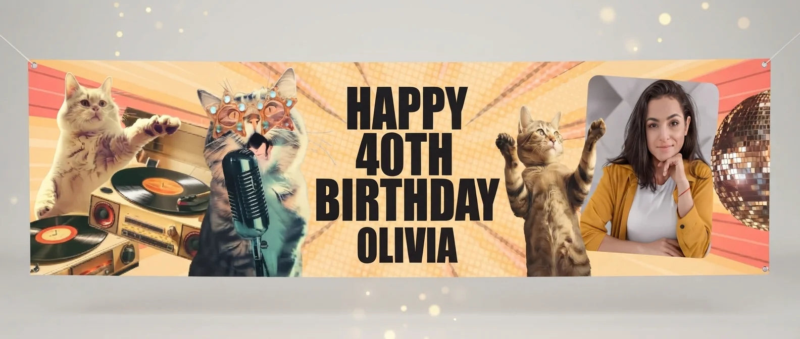 Personalised Retro Cat Disco Birthday Party Banner displayed against a plain studio background