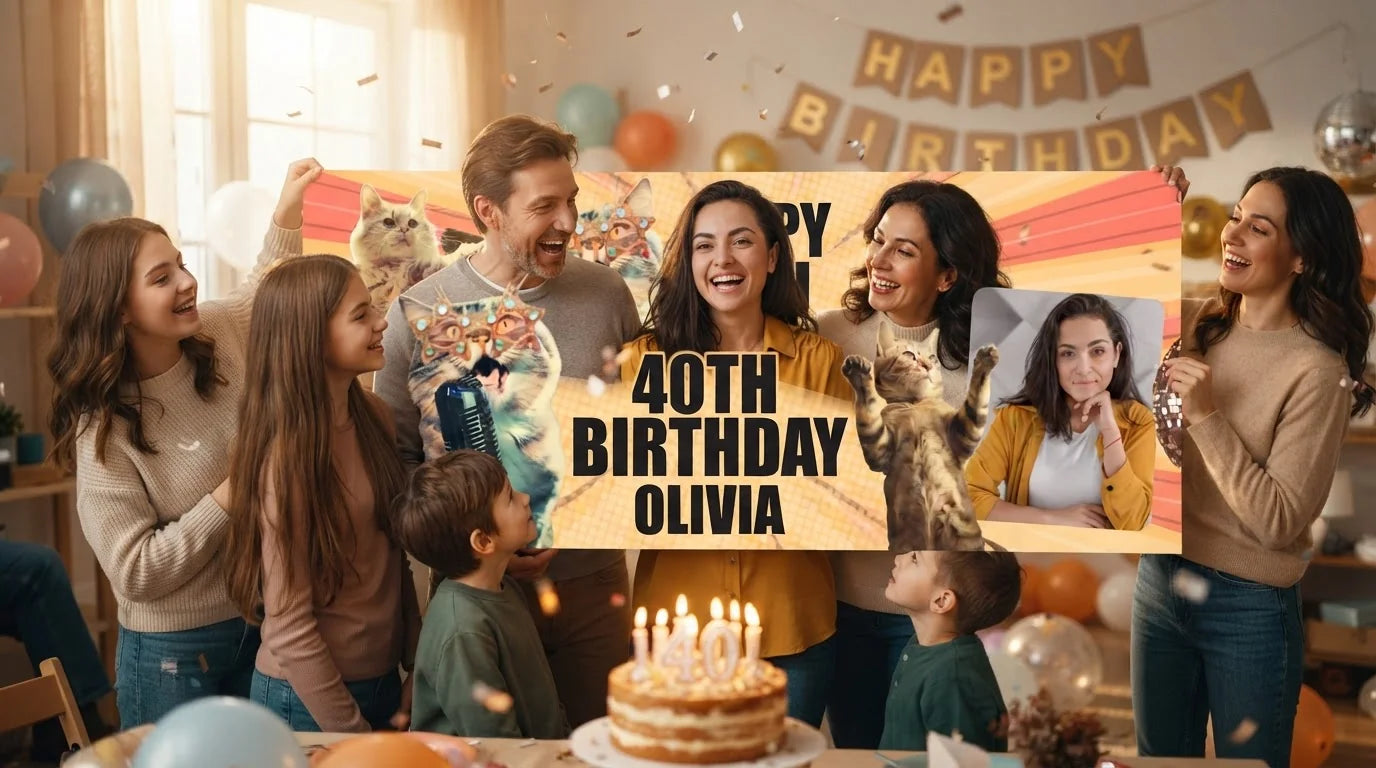Friends and family celebrating with the personalised Retro Cat Disco Birthday Party Banner