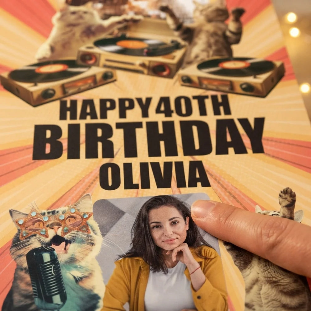 Close-up of the personalised name and photo printed on the Retro Cat Disco Birthday Party Mega Card