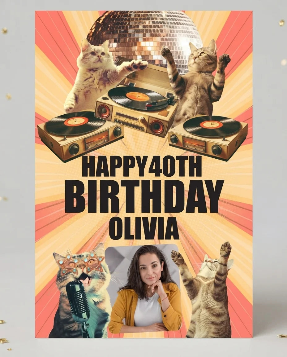Personalised Retro Cat Disco Birthday Party Mega Card displayed against a plain studio background
