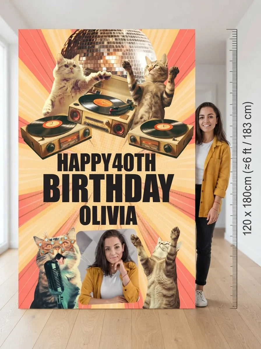 Person standing beside the Retro Cat Disco Birthday Party Mega Card for scale in a size guide